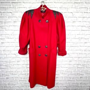 NWOT VINTAGE |•PARIS SPORT CLUB•| Statement Long Red Wool Black Leather Sz 11/12